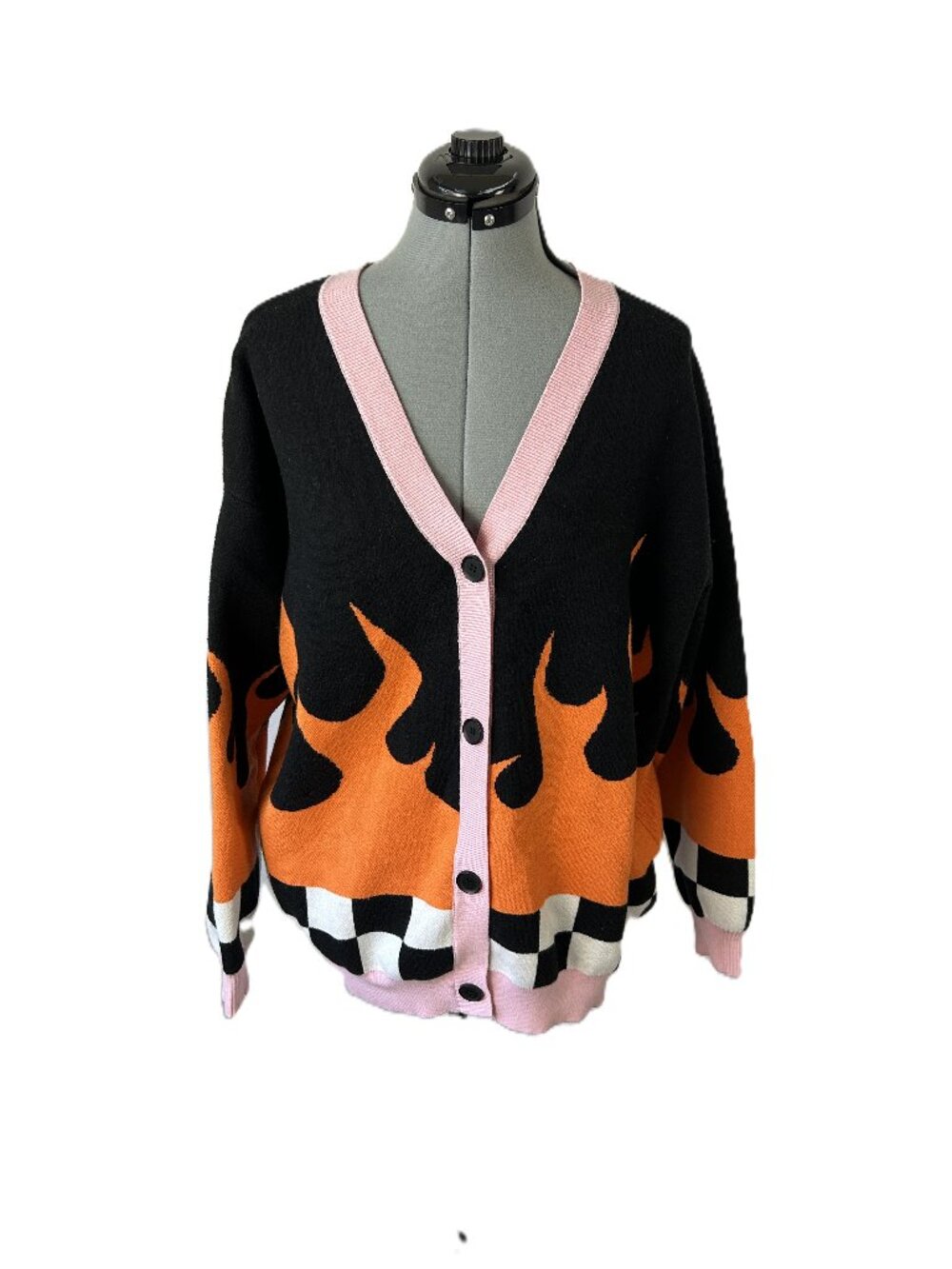 Emy Ave Sk8r Girl Cardigan Sweater Flames Checks S/M